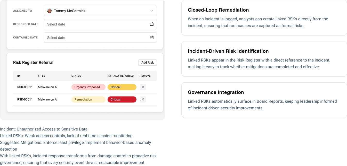 Lessons learned form with Risk Register Referral table linking incidents to RSKs, with Closed-Loop Remediation, Incident-Driven Risk Identification, and Governance Integration callouts