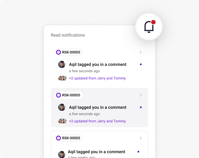 Read notifications panel with multiple RSK-00005 entries showing tagged comments