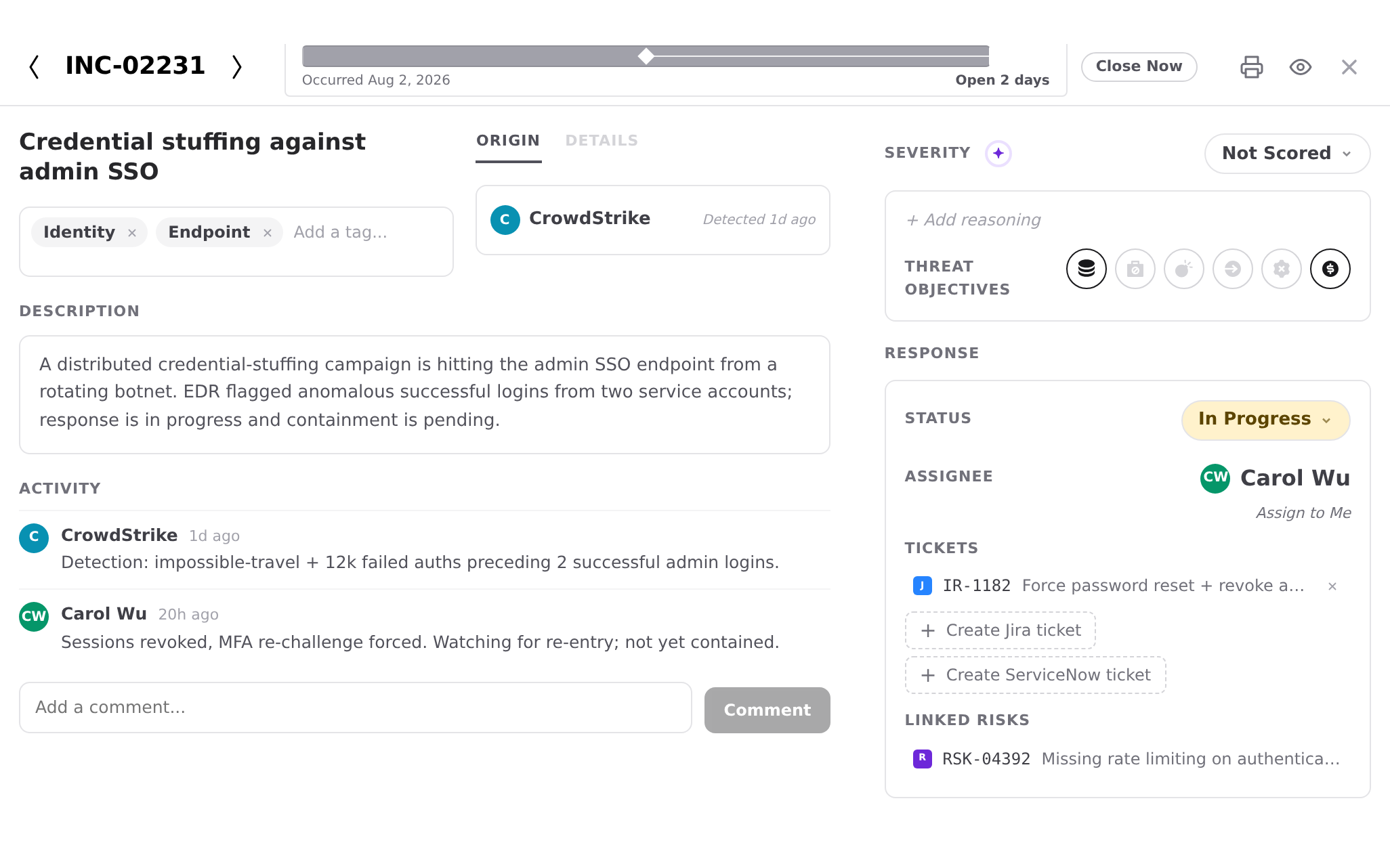 An incident in the work-item modal: severity and threat objectives, the origin detection, activity, and the response panel with tickets and linked risks.